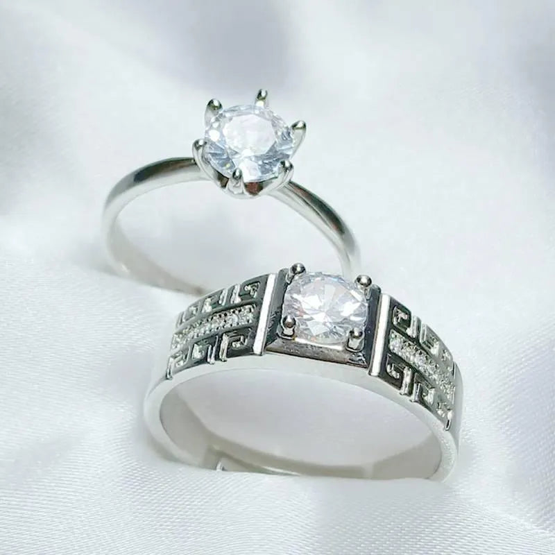 Silver Plated Crystal Couple Rings Set of 2 Adjustable