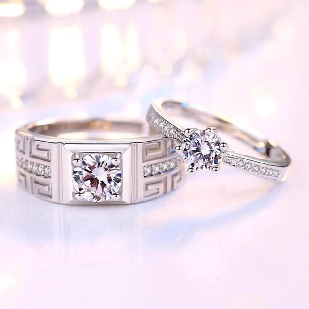 Silver Plated Crystal Couple Rings Set of 2 Adjustable
