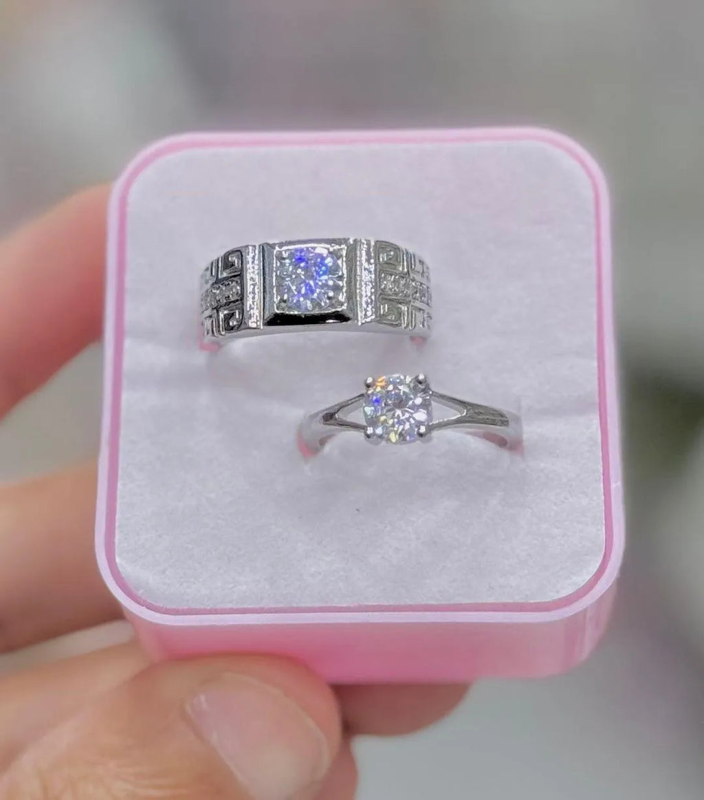 Silver Plated Crystal Couple Rings Set of 2 Adjustable
