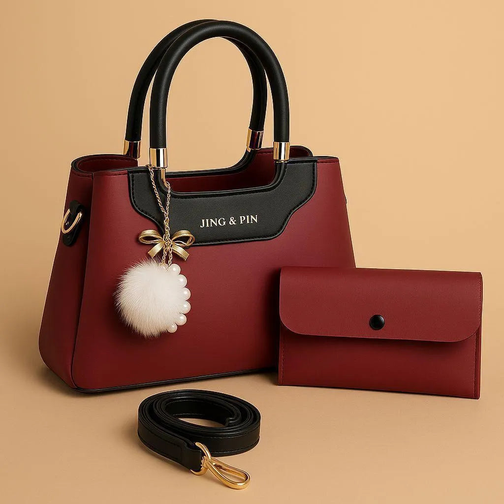 Maroon Black Handbag & Wallet Set for Women
