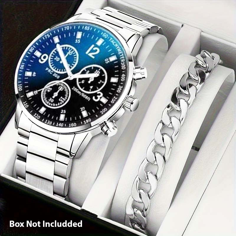 Pack of 2 Fashion Mens Stainless Steel Random Dial Watches Wristwatch Calendar Luminous Clock Men Business Casual Watch