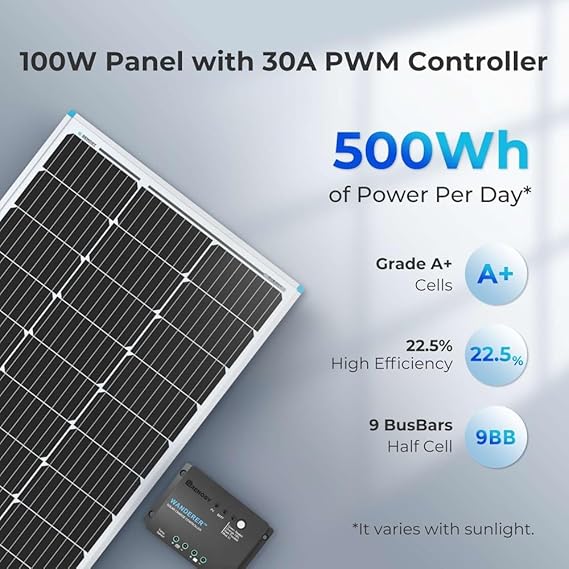 Renogy 100W 12V Monocrystalline Solar Panel Starter Kit with 30A PWM Charge Controller